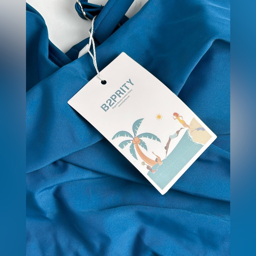 NWT B2prity One Piece Swimsuit M – Peacock Blue Tummy Control V Neck Tie Back - Picture 13 of 14